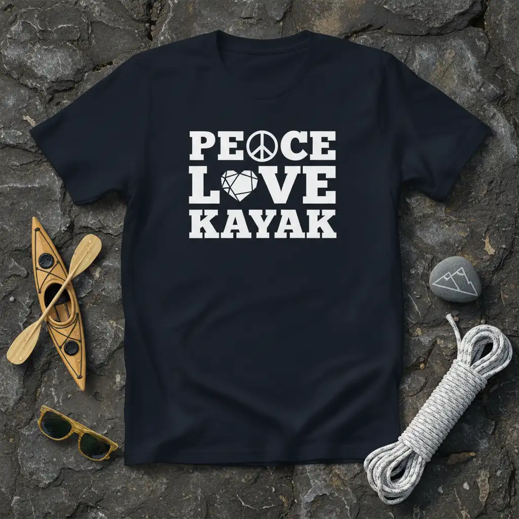 White PEACE LOVE KAYAK text design with peace symbol and geometric heart on a navy t-shirt