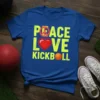 Peace Love Kickball text design with peace sign, heart, and kickball graphic on a blue t-shirt