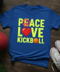 Peace Love Kickball text design with peace sign, heart, and kickball graphic on a blue t-shirt