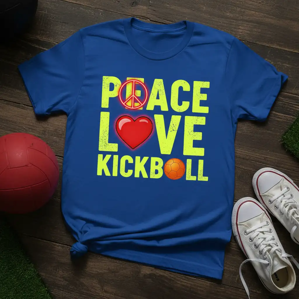 Peace Love Kickball text design with peace sign, heart, and kickball graphic on blue shirt