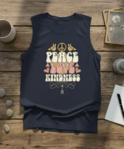 Peace Love Kindness retro boho graphic tank top with peace sign and hearts