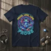 Peace Love Love Frogs t-shirt design with a neon-outlined frog playing a guitar and holding a peace sign