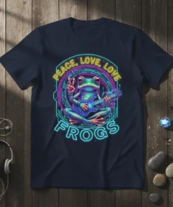 Peace Love Love Frogs t-shirt design with a neon-outlined frog playing a guitar and holding a peace sign