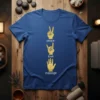 Peace Love Massage text with hand signs graphic on a blue t-shirt, ideal for massage therapists