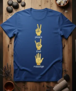 Peace Love Massage text with hand signs graphic on a blue t-shirt, ideal for massage therapists
