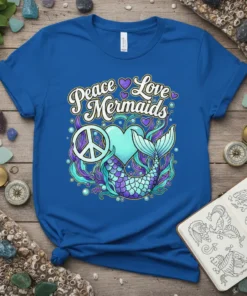 Peace Love Mermaids text design with a peace symbol, heart, and a stylized mermaid tail on a royal blue t-shirt