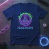 Peace & Love text below a neon circuit peace sign graphic on a navy t-shirt