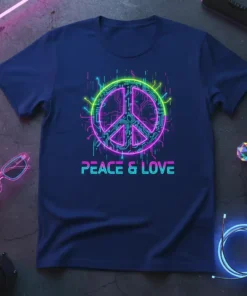 Peace & Love text below a neon circuit peace sign graphic on a navy t-shirt