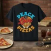 Peace Love Pizzas text design with a heart-shaped pizza graphic, available on a black t-shirt