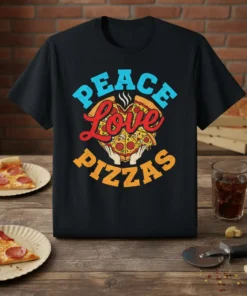 Peace Love Pizzas text design with a heart-shaped pizza graphic, available on a black t-shirt
