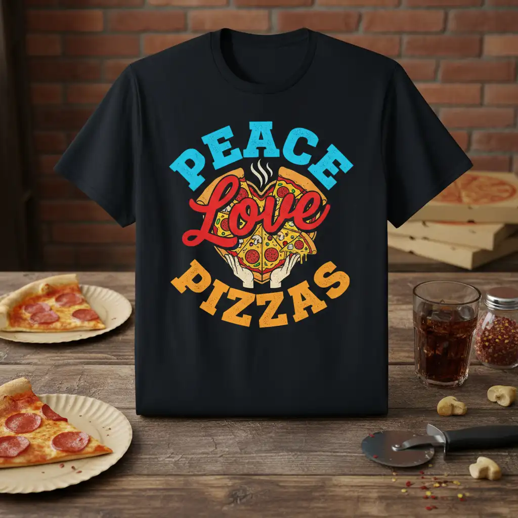 Peace Love Pizzas quote tee with a heart-shaped pizza graphic, perfect for pizza enthusiasts