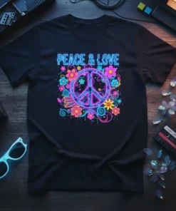 Black t-shirt with neon PEACE & LOVE text and a colorful peace symbol surrounded by flowers