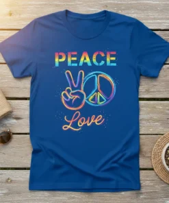 Peace Love t-shirt design with colorful typography, peace sign, and hand gesture on a blue shirt