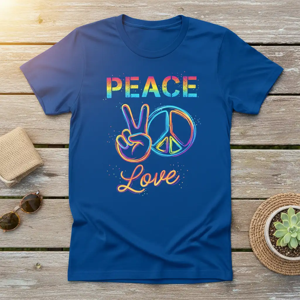 Peace Love graphic tee with vibrant rainbow text and symbols, embodying a groovy retro style