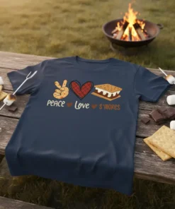 Peace Love S'mores graphic t-shirt with icons for peace, heart, and s'more, set against a campfire background