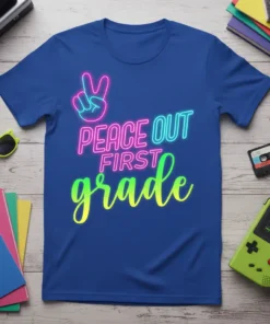 Blue t-shirt with neon "Peace Out First Grade" text and peace sign graphic