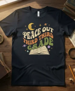Peace Out Third Grade text design with a smiling moon, stars, planets, and an open book graphic