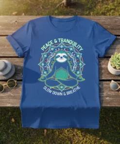 Sloth meditating in lotus pose with "PEACE & TRANQUILITY SLOW DOWN & BREATHE" text and mandala design on a blue