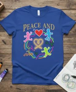 Blue t-shirt with "PEACE AND" text, a red heart, and colorful figures dancing around a golden ribbon and abstract shapes