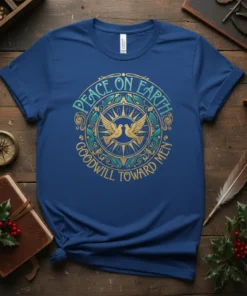 Peace on Earth Goodwill Toward Men quote with two doves and ornate circular design on a blue t-shirt