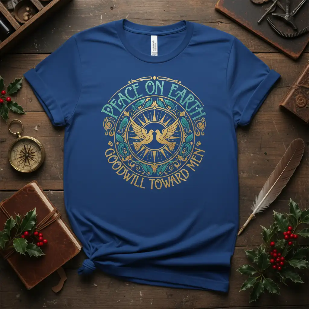 Peace on Earth Goodwill Toward Men quote with doves in ornate circular design on blue tee