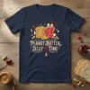 Peanut Butter Jelly Time t-shirt design with anthropomorphic peanut butter and jelly sandwiches, surrounded by peanuts and raspberries