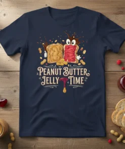 Peanut Butter Jelly Time t-shirt design with anthropomorphic peanut butter and jelly sandwiches, surrounded by peanuts and raspberries