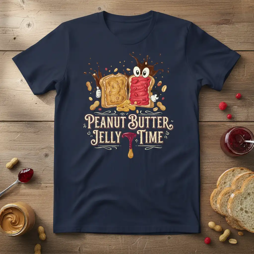 Peanut Butter Jelly Time phrase on a t-shirt, with animated peanut butter and jelly sandwich characters and scattered peanuts