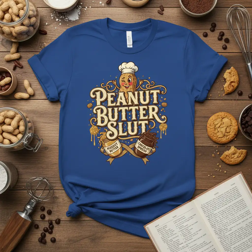 Peanut Butter Slut witty food quote t-shirt design with winking peanut character and spread jars
