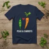 Peas & Carrots text with cute cartoon pea pod and carrot characters holding hands, red heart above, on a navy