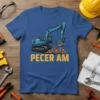 Blue t-shirt with a cartoon blue excavator digging rocks, text reads "PECER AM" in yellow