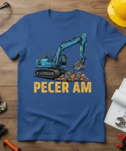 Blue t-shirt with a cartoon blue excavator digging rocks, text reads "PECER AM" in yellow