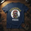 Peckerhead Posse T-Shirt with a steampunk rooster graphic in yellow and white text, set against a dark navy shirt