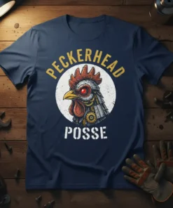 Peckerhead Posse T-Shirt with a steampunk rooster graphic in yellow and white text, set against a dark navy shirt