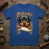 Peek-a-boo Rottweiler dog design on a blue t-shirt, featuring a cute rottweiler peeking over a banner
