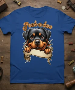 Peek-a-boo Rottweiler dog design on a blue t-shirt, featuring a cute rottweiler peeking over a banner