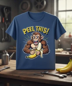 T-shirt with "Peel This!" text above a muscular cartoon monkey holding a banana