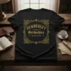 Pemberley Derbyshire Est 1813 vintage-style design on a black t-shirt, featuring ornate golden border