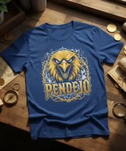 Pendejo Eagle T-Shirt with fierce golden eagle graphic and bold "PENDEJO" text, surrounded by barbed wire design