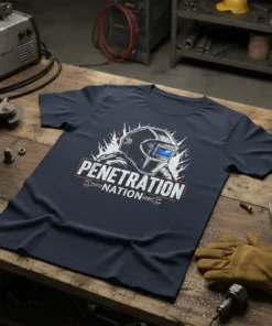 Penetration Nation t-shirt featuring a welder's helmet graphic and text for tradesmen