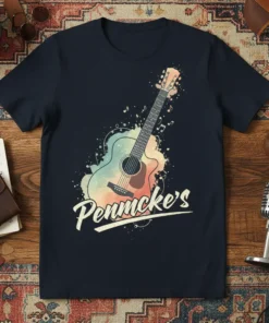Penmcke's Guitar T-Shirt with watercolor splashes and musical notes, designed for music lovers