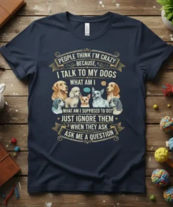 T-shirt with "People Think I'm Crazy Because I Talk To My Dogs" quote and illustrations of seven different dog breeds