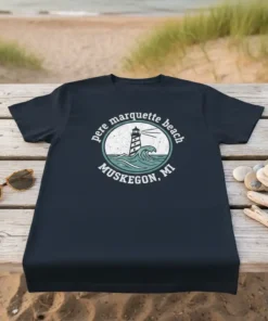 pere marquette beach MUSKEGON, MI detailed graphic design printed on comfortable cotton t-shirt