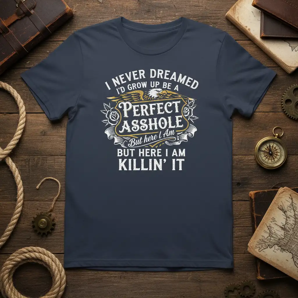 I NEVER DREAMED I'D GROW UP BE A PERFECT ASSHOLE But here I Am KILLIN' IT bold quote with eagle graphic on