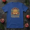 Persephone t-shirt design with golden crest, pomegranate, and floral wreath on blue fabric