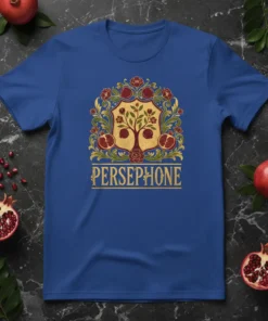 Persephone t-shirt design with golden crest, pomegranate, and floral wreath on blue fabric