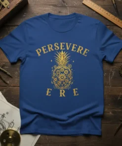 Gold steampunk pineapple graphic with "PERSEVERE ERE" text on a royal blue t-shirt