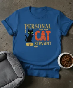 Personal Cat Servant t-shirt with black cat sitting by food bowl and gold lettering