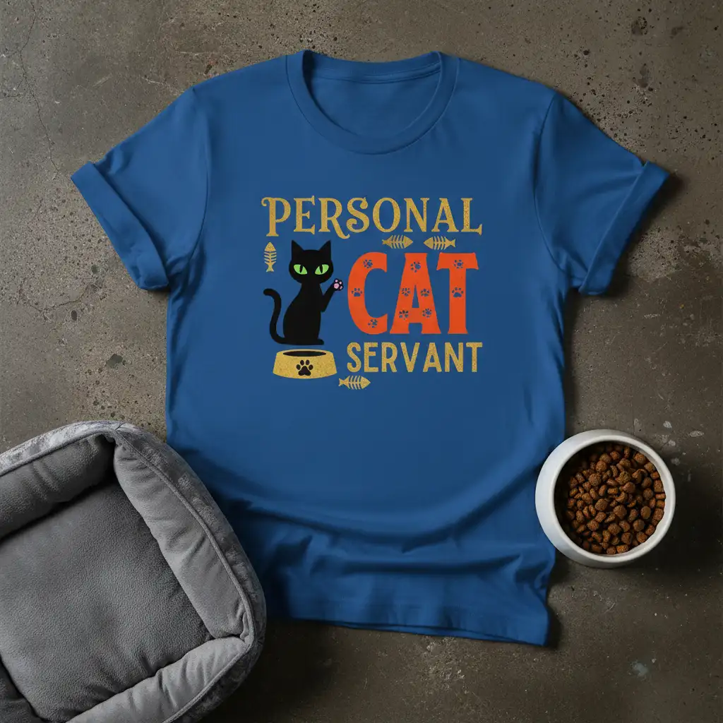 Personal Cat Servant quote on a blue t-shirt with a black cat graphic