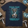 Boxer dog wearing a "Personal Stalker I Will Follow You Wherever You Go Bathroom Included" t-shirt with paw prints